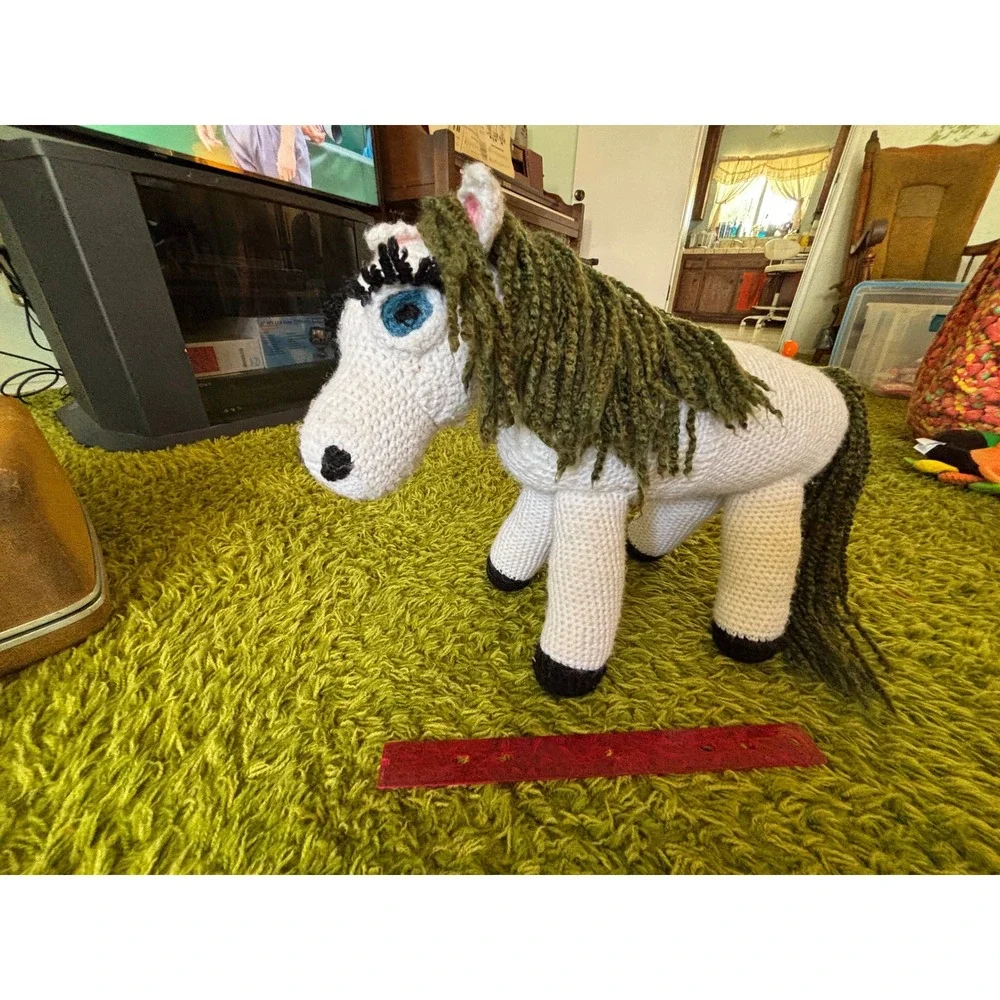 Handmade Crochet Horse Plush White Green Mane Amigurumi Folk Art Pony 12